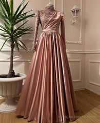 Rose Gold Silver Prom Dress, Long Sleeves Dubai Evening Dresses, Muslim Women Wedding Party Gowns 2025 Elegant Silver Grey Arabic Engagement