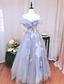 Dreamy Light Blue Butterfly Off-Shoulder Tulle Floor Length Ball Gown Prom Dress