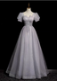 Dreamy Light Purple A-Line Square Neck Short Sleeve Tulle Long Classy Prom Dress