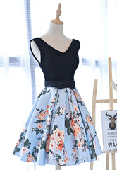Cute V-Neck Floral Evening Prom Dress, A-Line Homecoming Dress
