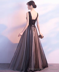 Black Tulle V Neck Long Prom Dress Black Evening Dress