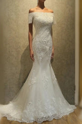 Mermaid Off Shoulder Sleeveless Lace Beading Watteau Train Wedding Dress