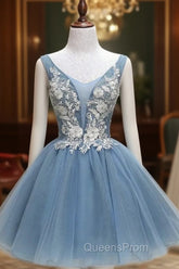 Dusty Blue Princess Tulle Appliqued Homecoming Dress