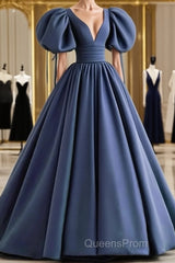 Dusty Blue Evening Prom Dress Puffy Sleeve Satin Ball Gown