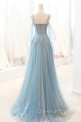 Dusty Blue Sparkly Tulle Long Evening Prom Dress, A-Line Spaghetti Strap Evening Dress