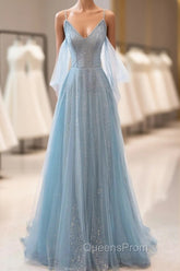 Dusty Blue Sparkly Tulle Long Evening Prom Dress, A-Line Spaghetti Strap Evening Dress