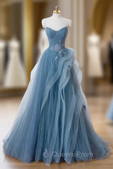 Dusty Blue Tulle Floor Length Evening Prom Dress, Blue Off the Shoulder Removable Sleeve Evening Dress