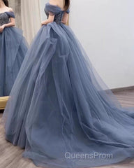Dusty Blue Tulle Evening Prom Dress Off Shoulder