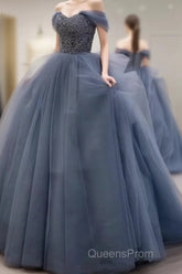 Dusty Blue Tulle Evening Prom Dress Off Shoulder