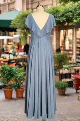 Dusty Blue V-Neck Chiffon Bridesmaid Dresses Backless Ruffled Split for Teens A-Line Long Bridesmaid Dress
