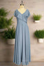 Dusty Blue V-Neck Chiffon Bridesmaid Dress Backless Ruffled Split for Teens A-Line Long Bridesmaid Dress