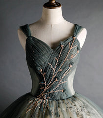 Dusty Green Ball Gown Beaded Tulle Formal Dress, Ball Gown Sweet 16 Dress