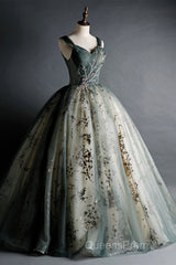 Dusty Green Ball Gown Beaded Tulle Formal Dress, Ball Gown Sweet 16 Dress