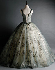 Dusty Green Ball Gown Beaded Tulle Formal Dress, Ball Gown Sweet 16 Dress