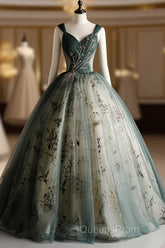 Dusty Green Ball Gown Beaded Tulle Formal Dress, Ball Gown Sweet 16 Dress