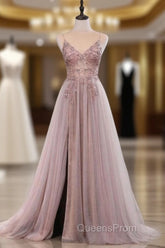 Dusty Pink Spaghetti Straps Gorgeous Beading Evening Prom Dress A Line Split Tulle Evening Dress