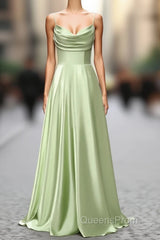 Dusty Sage A Line Cowl Neck Satin Long Evening Prom Dress with Pleated