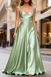 Dusty Sage Classy Satin Long Evening Prom Dress with Pleated