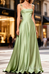 Dusty Sage Cute Satin Long Evening Prom Dress with Pleated