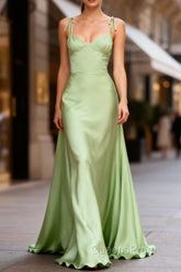 Dusty Sage Cute Satin Long Evening Prom Dress with Pleated