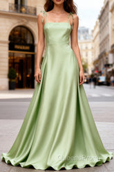 Dusty Sage Elegant Satin Long Evening Prom Dress with Pleated