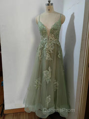Dusty Sage Evening Prom Dress Plunging V Neck Appliques Lace-Up A-line Long Evening Gown