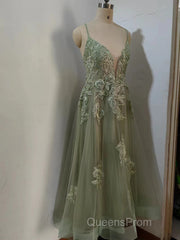 Dusty Sage Evening Prom Dress Plunging V Neck Appliques Lace-Up A-line Long Evening Gown
