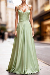 Dusty Sage Satin Long Classy Evening Prom Dress with Pleated