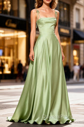 Dusty Sage Unique Satin Long Evening Prom Dress with Pleated