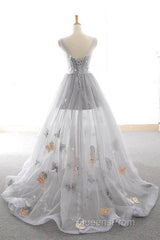 Gray Long Evening Prom Dress with Butterfly, New Arrival Unique Evening Dress