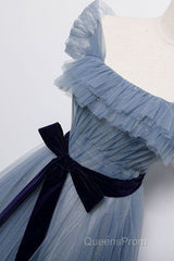 Blue Off the Shoulder Tulle Long Evening Prom Dress with Sash, Sparkly Formal Gown