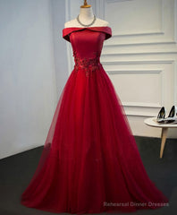Burgundy Lace Tulle Long Prom Dress, Off Shoulder Evening Dress