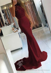 Elastic Satin Court Train Trumpet/Mermaid Sleeveless Halter Covered Button Prom Dresses With Beaded