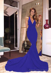 Elastic Satin Court Train Trumpet/Mermaid Sleeveless V-Neck Zipper Prom Dresses