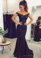 Elastic Satin Prom Dresses Trumpet/Mermaid Off-The-Shoulder Sweep Train With Lace