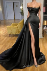 Elegant A-line Graduation Dress Long Black Evening Prom Dress With Split Online