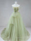 Elegant A Line Open Back Green Tulle Long Evening Prom Dress, Green Evening Graduation Evening Dress