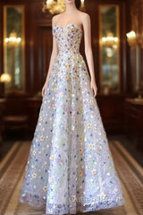 Elegant A Line Strapless Floral Long Evening Prom Dress