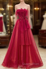 Elegant A Line Strapless Red Tulle Long Evening Prom Dress