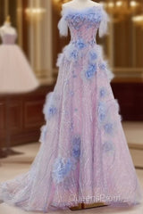 Elegant A Line Strapless Tulle Floral Evening Prom Dress