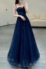 Elegant A line Straps Tulle Navy Blue Prom Dresses Formal Evening Dress