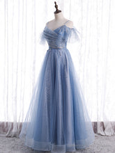 Elegant A line Tulle Sequin Blue Long Prom Dress, Tulle Blue Formal Evening Dress