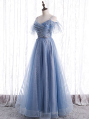 Elegant A line Tulle Sequin Blue Long Prom Dress, Tulle Blue Formal Evening Dress
