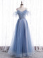 Elegant A line Tulle Sequin Blue Long Evening Prom Dress, Tulle Blue Evening Dress