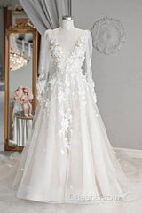 Elegant A-Line V-Neck Long Sleeved Ivory Sheer And Floor Length Wedding Dress