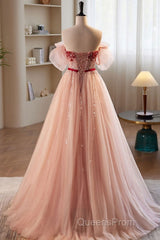 Elegant And Sweet Powder Blusher Powder Beading Sequins Off Shoulder Short Sleeve Evening Prom Dress Powder Blusher Powder A-Shaped Princess Bow Belt Tulle Backless And Floor Length Evening Dress