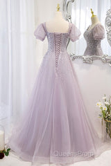 Elegant And Unique Lavender Square Neckline Fluffy Short Sleeved Beaded Sequin Ball Dress Lavender A-Line Princess Sheer Backless Strap And Floor Length Evening Dress