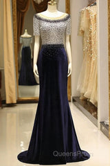 Elegant Beaded Formal Evening Dress With Short Sleeves