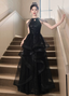 Elegant Black A-Line Halter Neck Chain Sequined Tulle Long Classy Prom Dress