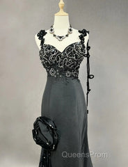 Elegant Black Mermaid Satin Beaded Sequin Long Evening Prom Dress, Sweetheart Neck Evening Dress